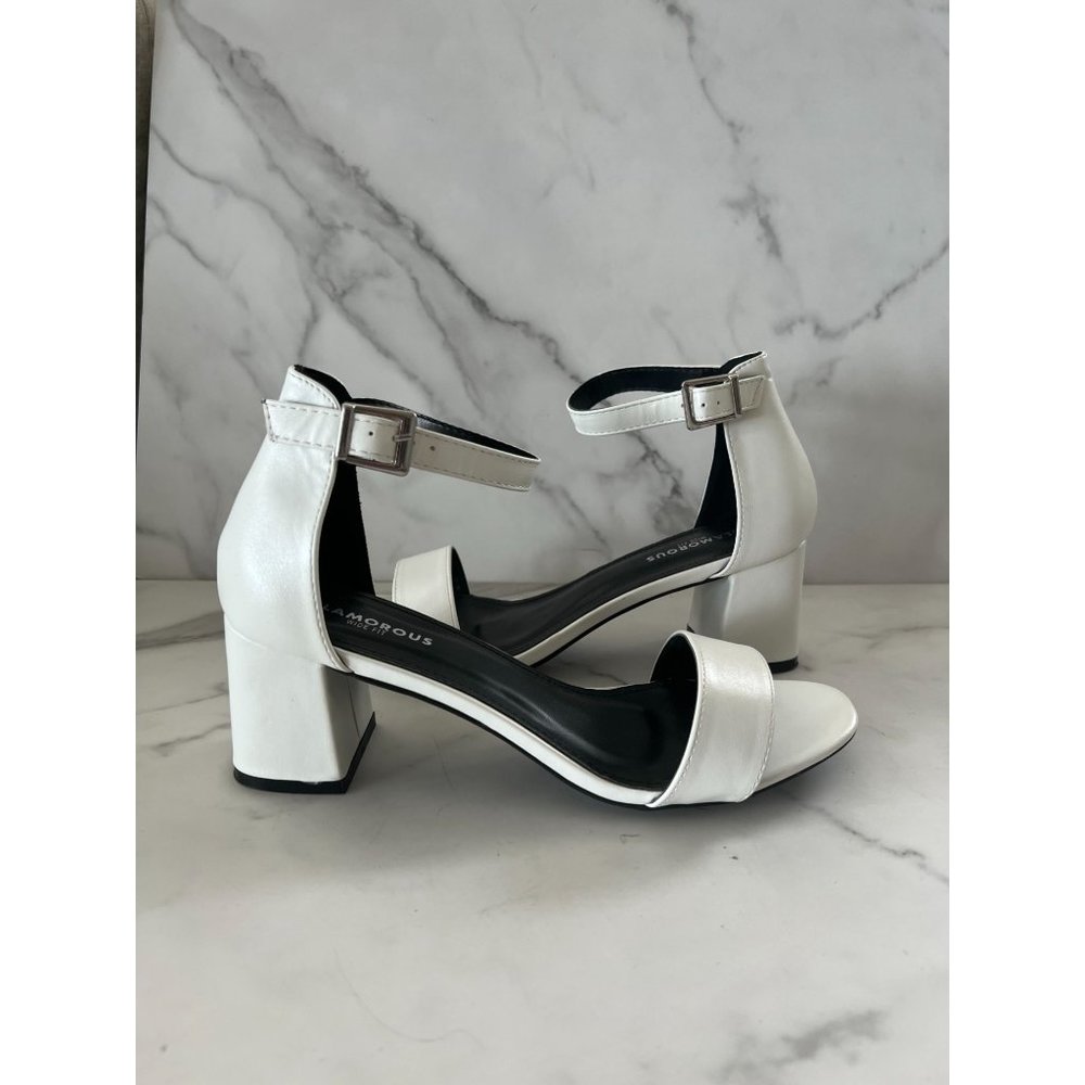 GLAMOROUS White Ankle Strap Heels